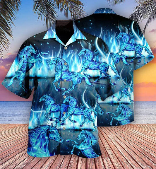 Horse Hawaiian Shirts For Summer - Horse Burning Blue Hawaiian Shirt - Perfect Gift For Men, Horse Lovers - Amzanimalsgift