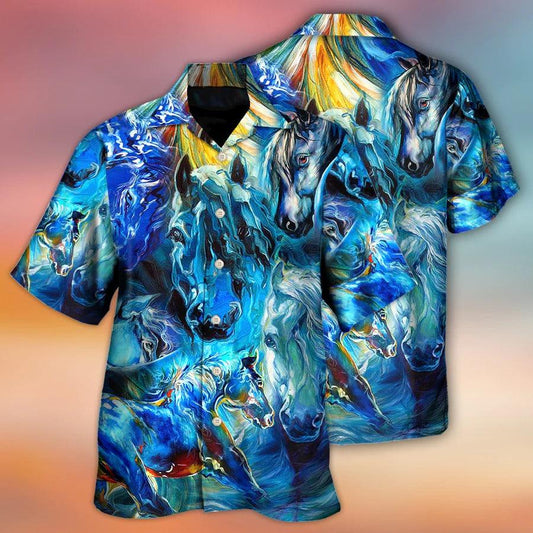 Horse Hawaiian Shirts For Summer - Horse Face Blue Light Cool Art Style Hawaiian Shirt - Perfect Gift For Men, Horse Lovers - Amzanimalsgift