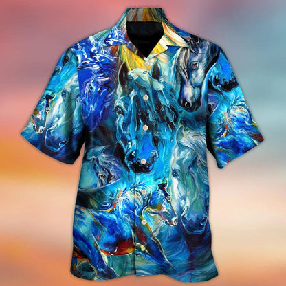 Horse Hawaiian Shirts For Summer - Horse Face Blue Light Cool Art Style Hawaiian Shirt - Perfect Gift For Men, Horse Lovers - Amzanimalsgift