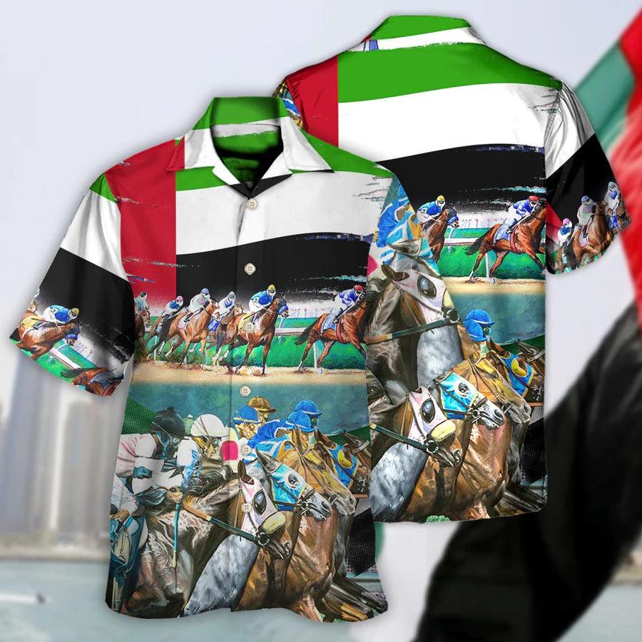 Horse Hawaiian Shirts For Summer - UAE Flag Horse Racing Amazing Seat Lover Hawaiian Shirt - Perfect Gift For Men, Horse Racing Lovers - Amzanimalsgift