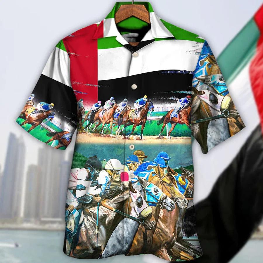 Horse Hawaiian Shirts For Summer - UAE Flag Horse Racing Amazing Seat Lover Hawaiian Shirt - Perfect Gift For Men, Horse Racing Lovers - Amzanimalsgift