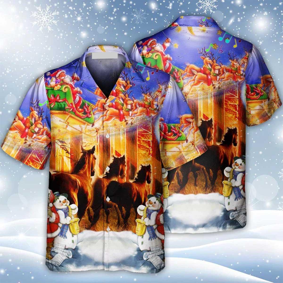 Horse Hawaiian Shirts - Santa Claus Horse Merry Christmas Hawaiian Shirts - Snowman Aloha Shirts - Perfect Gift For Men, Horse Lovers, Christmas - Amzanimalsgift