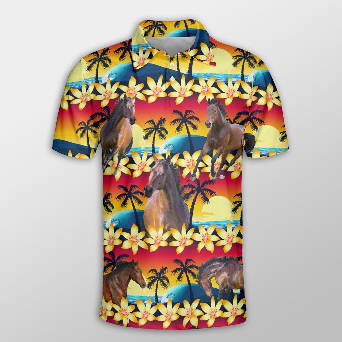 Horse Men Polo Shirts For Summer - Horse Beach Sunset Pattern Button Shirts For Men - Perfect Gift For Horse Lovers, Cattle Lovers - Amzanimalsgift