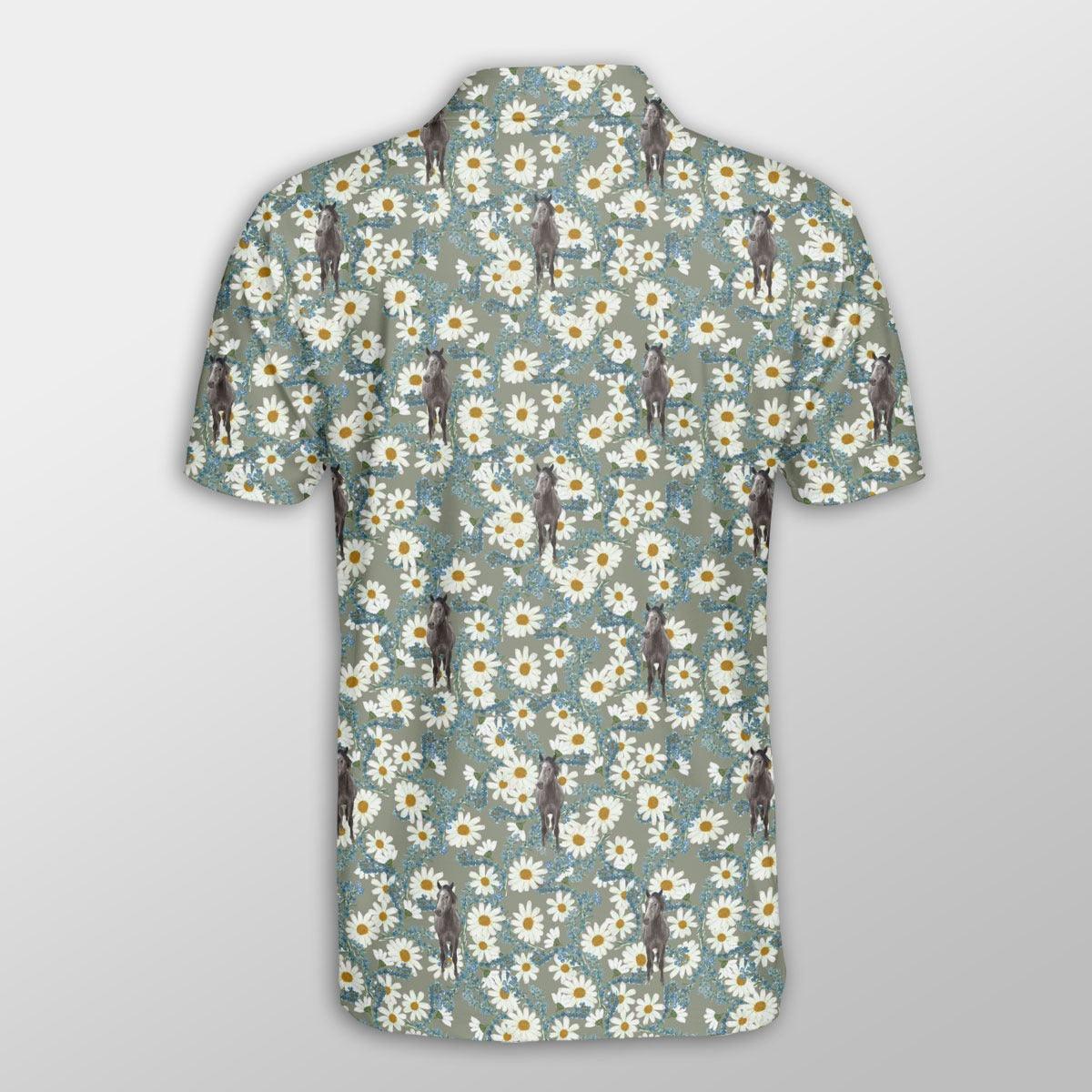 Horse Men Polo Shirts For Summer - Horse Camomilles Flower Grey Pattern Button Shirts For Men - Perfect Gift For Horse Lovers, Cattle Lovers - Amzanimalsgift