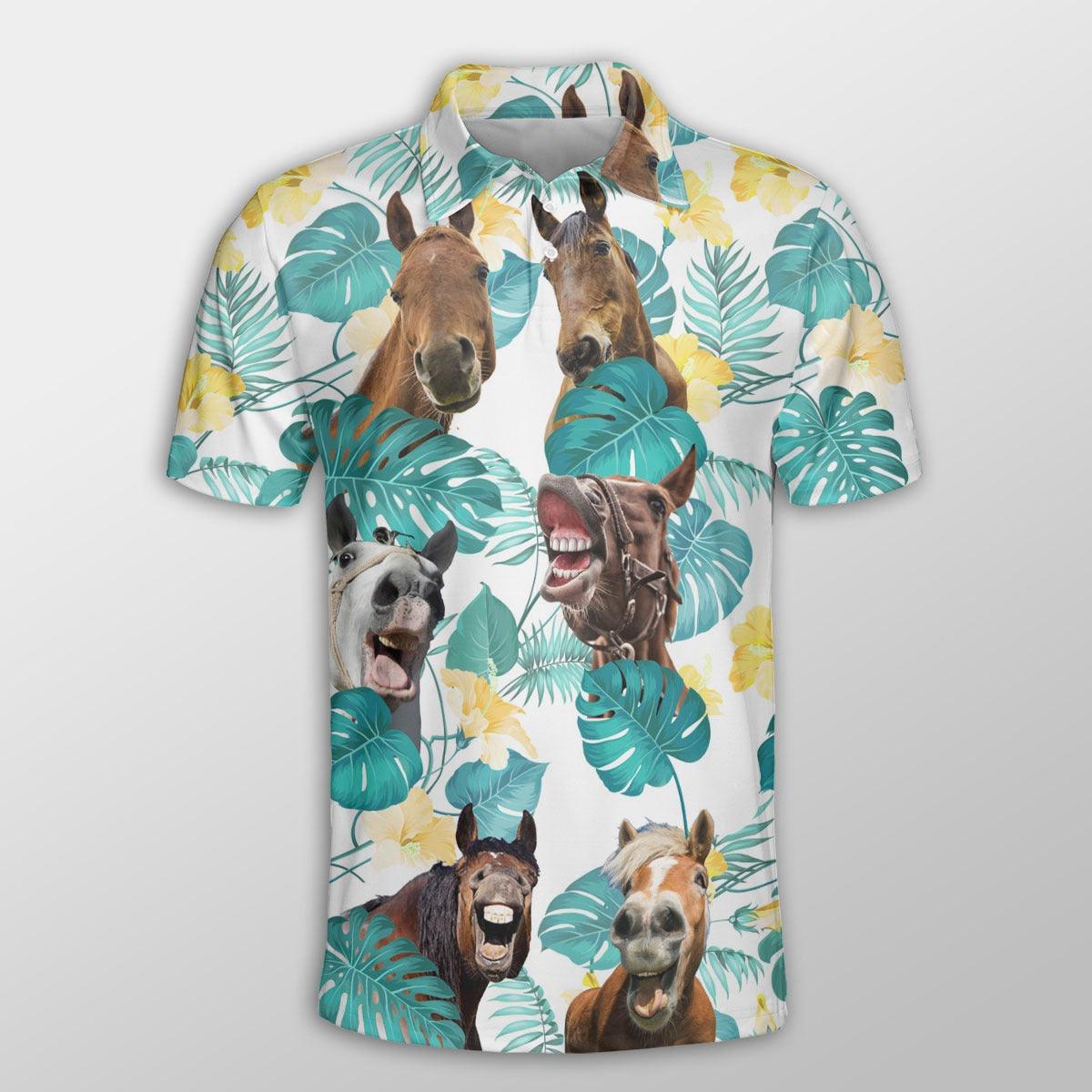 Horse Men Polo Shirts For Summer - Horse In Tropical Leaves Pattern Button Shirts For Men - Perfect Gift For Horse Lovers, Summer Lovers - Amzanimalsgift