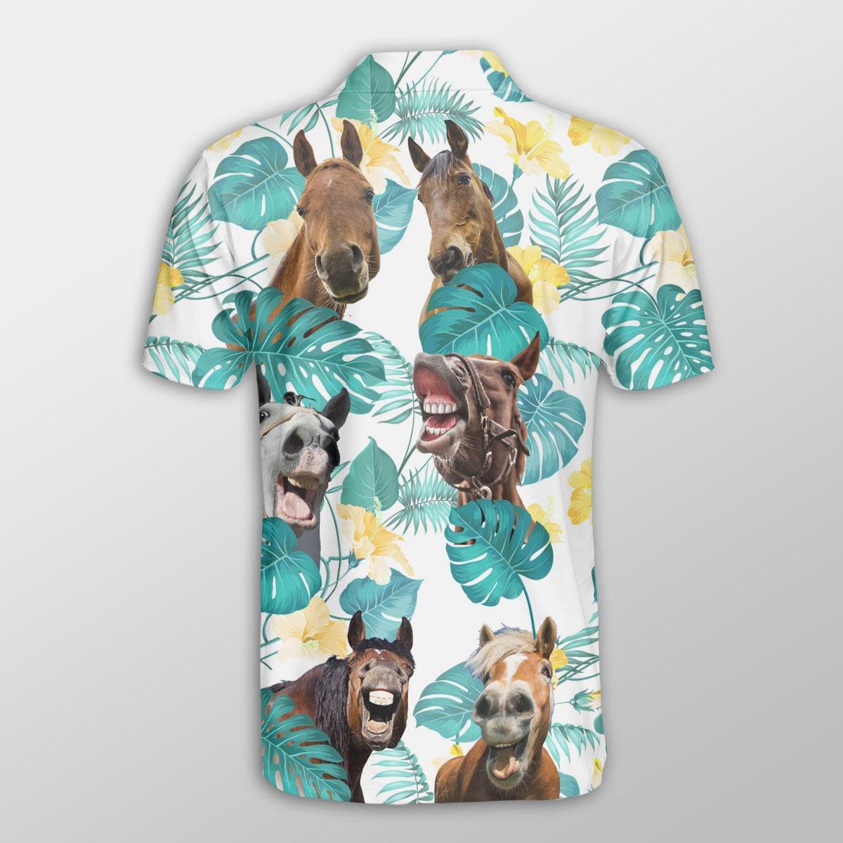 Horse Men Polo Shirts For Summer - Horse In Tropical Leaves Pattern Button Shirts For Men - Perfect Gift For Horse Lovers, Summer Lovers - Amzanimalsgift