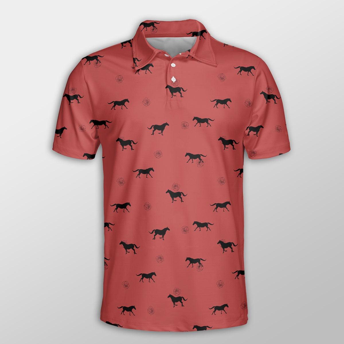 Horse Men Polo Shirts For Summer - Horse Pattern Red Background Pattern Shirts For Men - Perfect Gift For Horse Lovers, Cattle Lovers - Amzanimalsgift