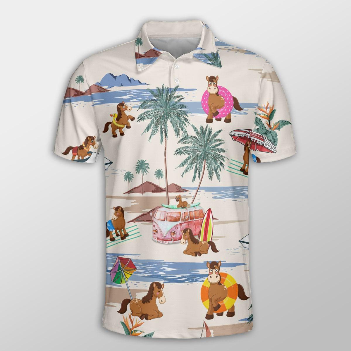 Horse Men Polo Shirts For Summer - Horse Summer Beach Pattern Button Shirts For Men - Perfect Gift For Horse Lovers, Cattle Lovers - Amzanimalsgift