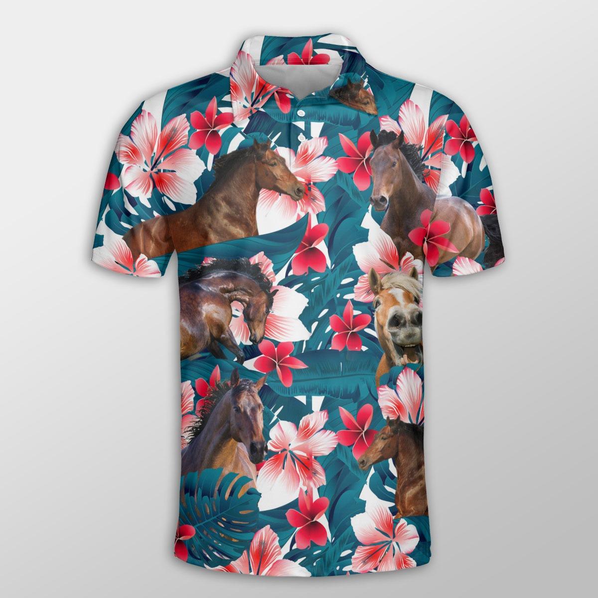 Horse Men Polo Shirts For Summer - Horse Tropical Floral Pattern Farm Lovers Button Shirts For Men - Perfect Gift For Horse Lovers, Cattle Lovers - Amzanimalsgift