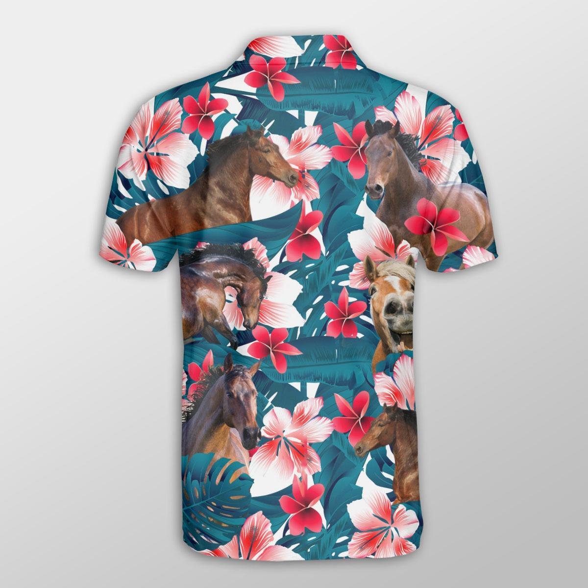 Horse Men Polo Shirts For Summer - Horse Tropical Floral Pattern Farm Lovers Button Shirts For Men - Perfect Gift For Horse Lovers, Cattle Lovers - Amzanimalsgift