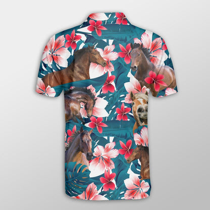 Horse Men Polo Shirts For Summer - Horse Tropical Floral Pattern Farm Lovers Button Shirts For Men - Perfect Gift For Horse Lovers, Cattle Lovers - Amzanimalsgift