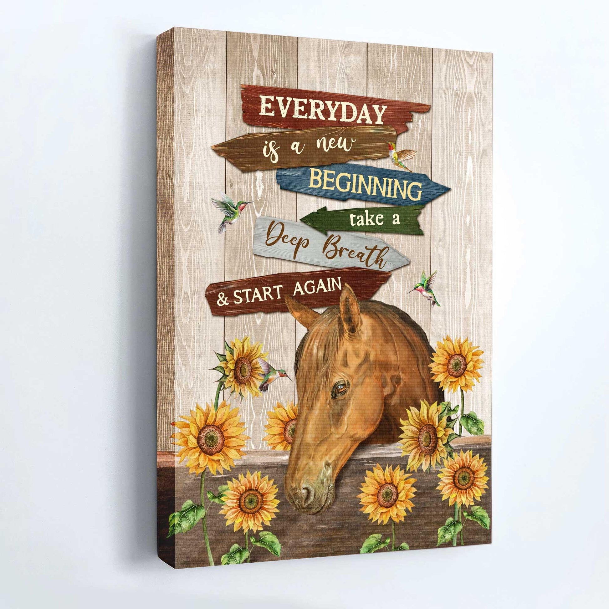 Horse Premium Wrapped Portrait Canvas - Amazing Horse, Sunflower Garden, Hummingbird, Everyday Is A New Beginning - Perfect Gift For Horse Lovers - Amzanimalsgift