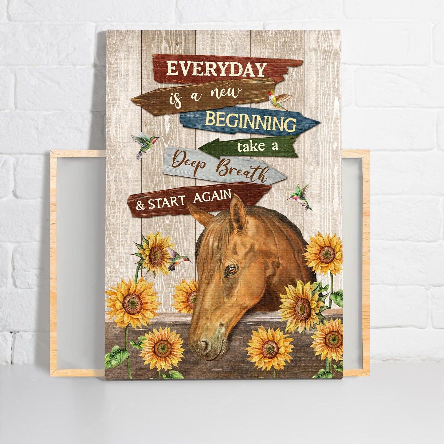 Horse Premium Wrapped Portrait Canvas - Amazing Horse, Sunflower Garden, Hummingbird, Everyday Is A New Beginning - Perfect Gift For Horse Lovers - Amzanimalsgift