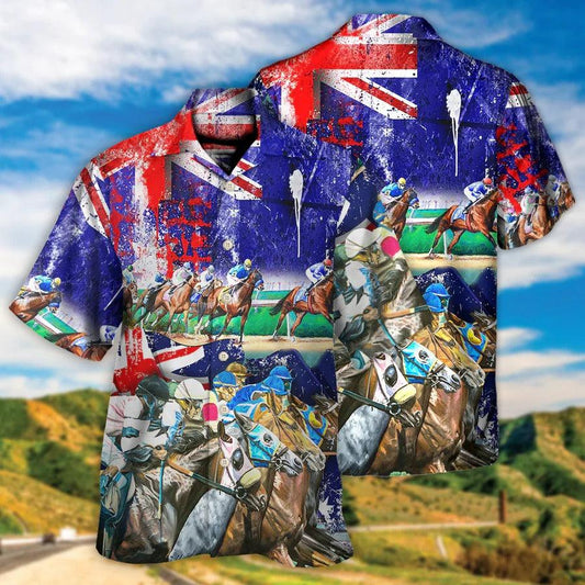 Horse Racing Hawaiian Shirts - Australian Flag, Horse Racing Hawaiian Shirt - Perfect Gift For Men, Horse Racing Lovers - Amzanimalsgift