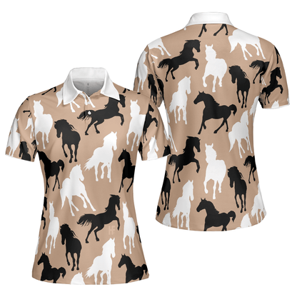 Horse Women Polo Shirt, Black Horses White Horses Women Polo Shirts, Gift For Ladies, Girls, Woman, Horse Lovers - Amzanimalsgift