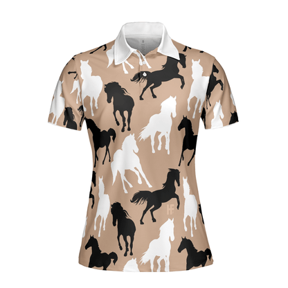 Horse Women Polo Shirt, Black Horses White Horses Women Polo Shirts, Gift For Ladies, Girls, Woman, Horse Lovers - Amzanimalsgift