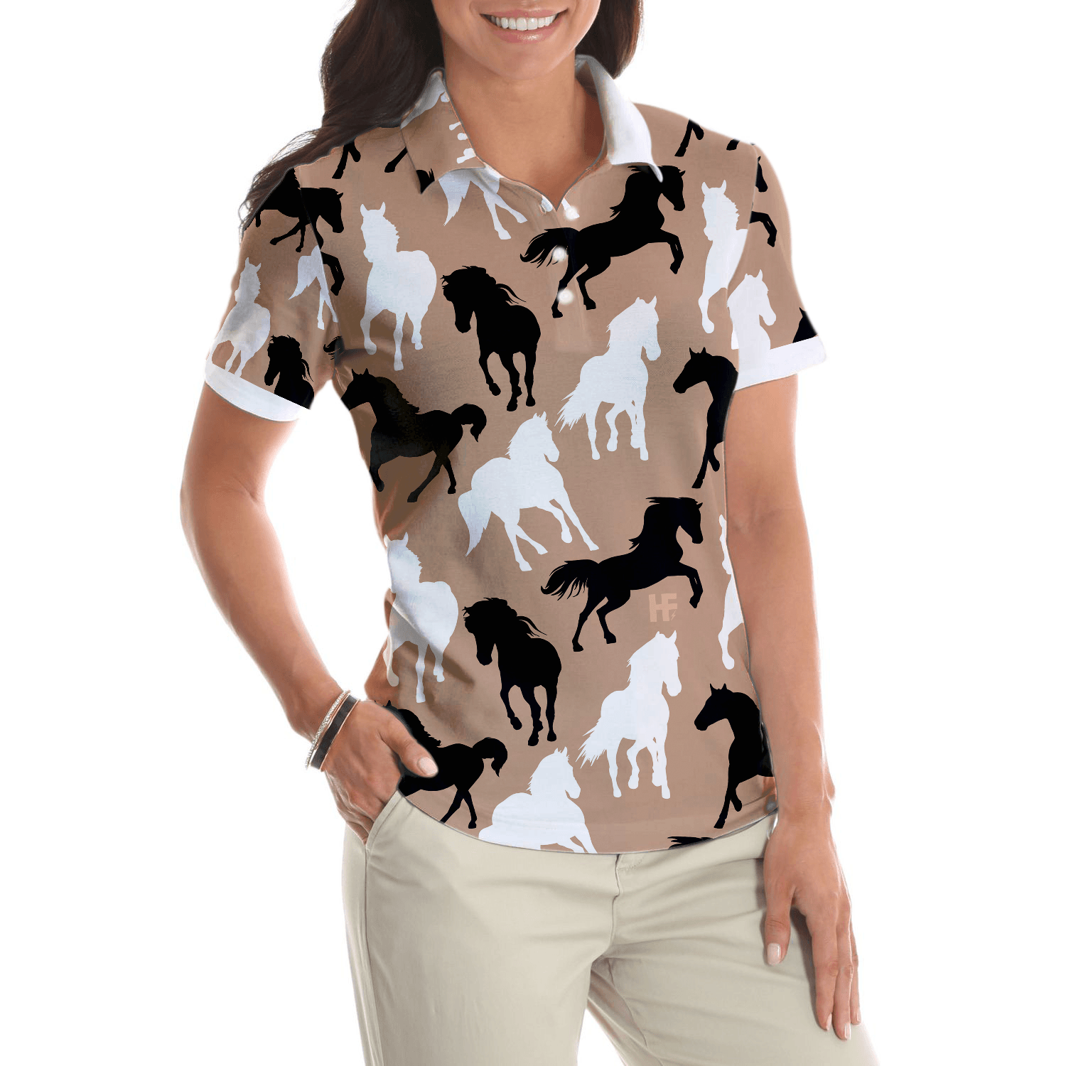 Horse Women Polo Shirt, Black Horses White Horses Women Polo Shirts, Gift For Ladies, Girls, Woman, Horse Lovers - Amzanimalsgift
