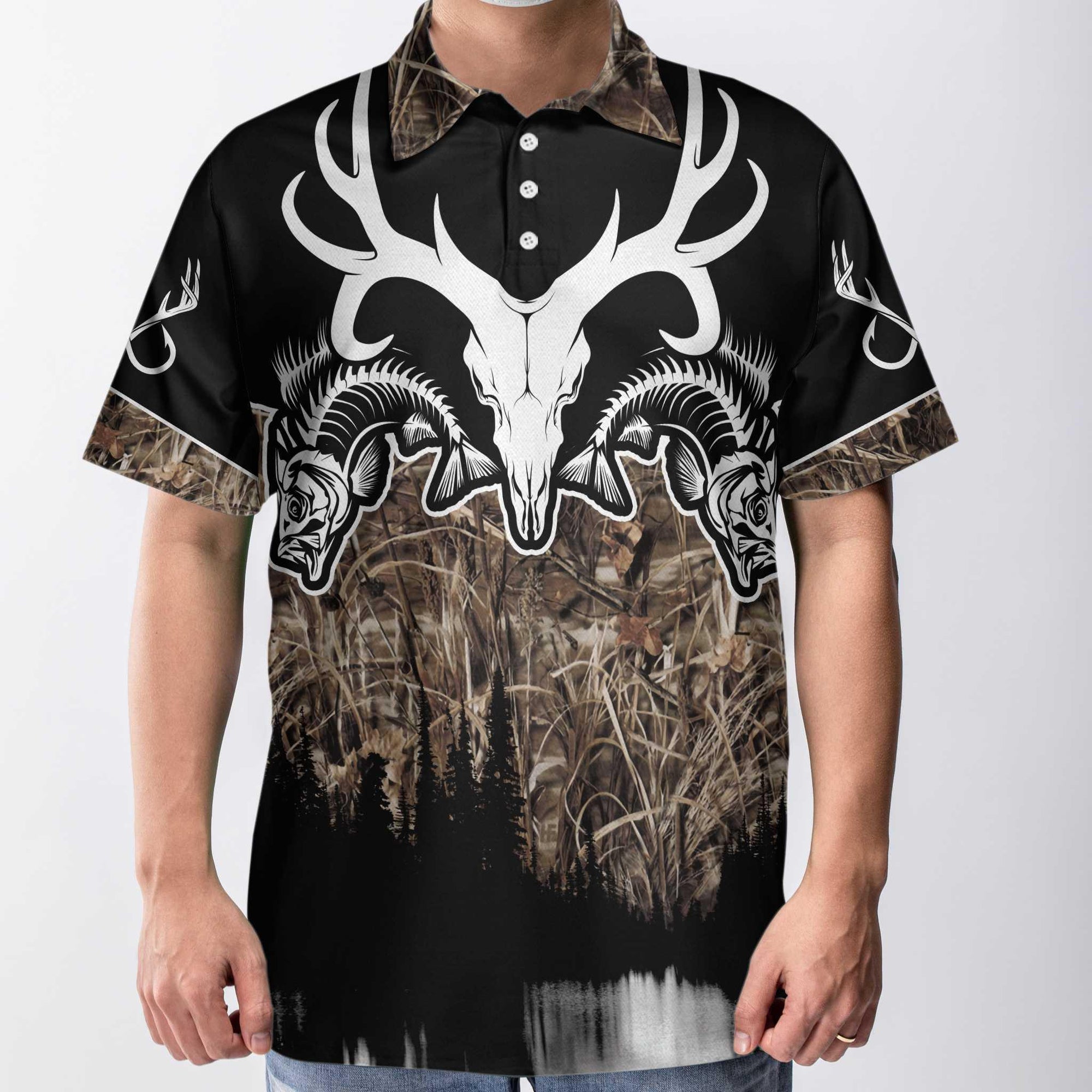 Hunting Men Polo Shirt - Skull Deer Hunter Hunting Polo Shirt, Fishing Solves Most My Problems Hunting Solves The Rest Polo Shirt, Cool Hunting Shirt For Men - Amzanimalsgift