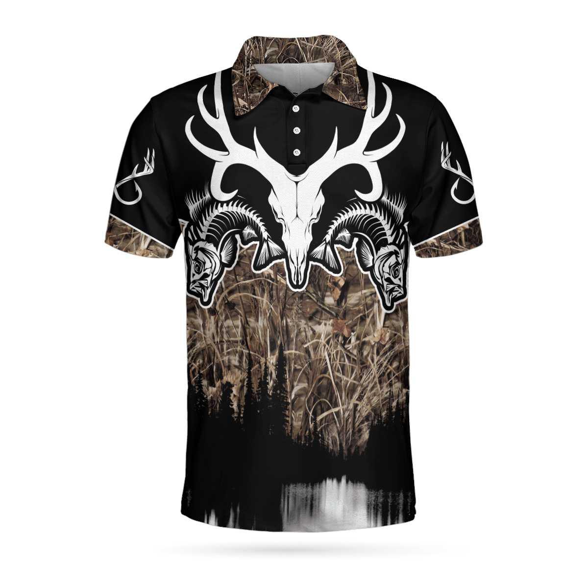 Hunting Men Polo Shirt - Skull Deer Hunter Hunting Polo Shirt, Fishing Solves Most My Problems Hunting Solves The Rest Polo Shirt, Cool Hunting Shirt For Men - Amzanimalsgift