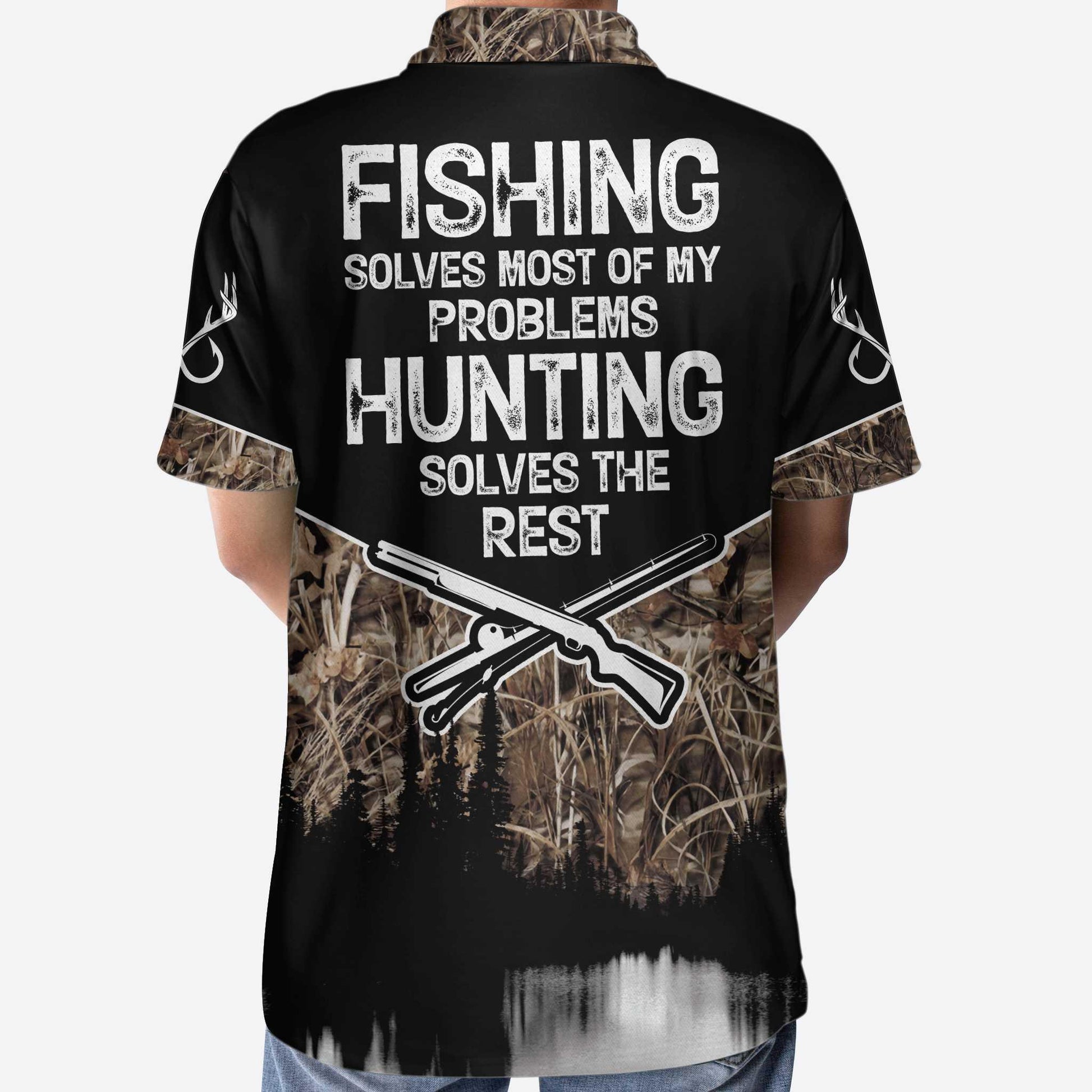 Hunting Men Polo Shirt - Skull Deer Hunter Hunting Polo Shirt, Fishing Solves Most My Problems Hunting Solves The Rest Polo Shirt, Cool Hunting Shirt For Men - Amzanimalsgift