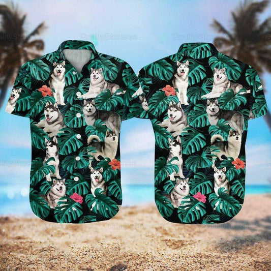 Husky Dog Aloha Hawaiian Shirt - Funny Husky Dog Pet Hawaiian Shirt, Tropical Leaves Pattern Hawaiian Shirt For Men & Women, Husky Lover - Amzanimalsgift