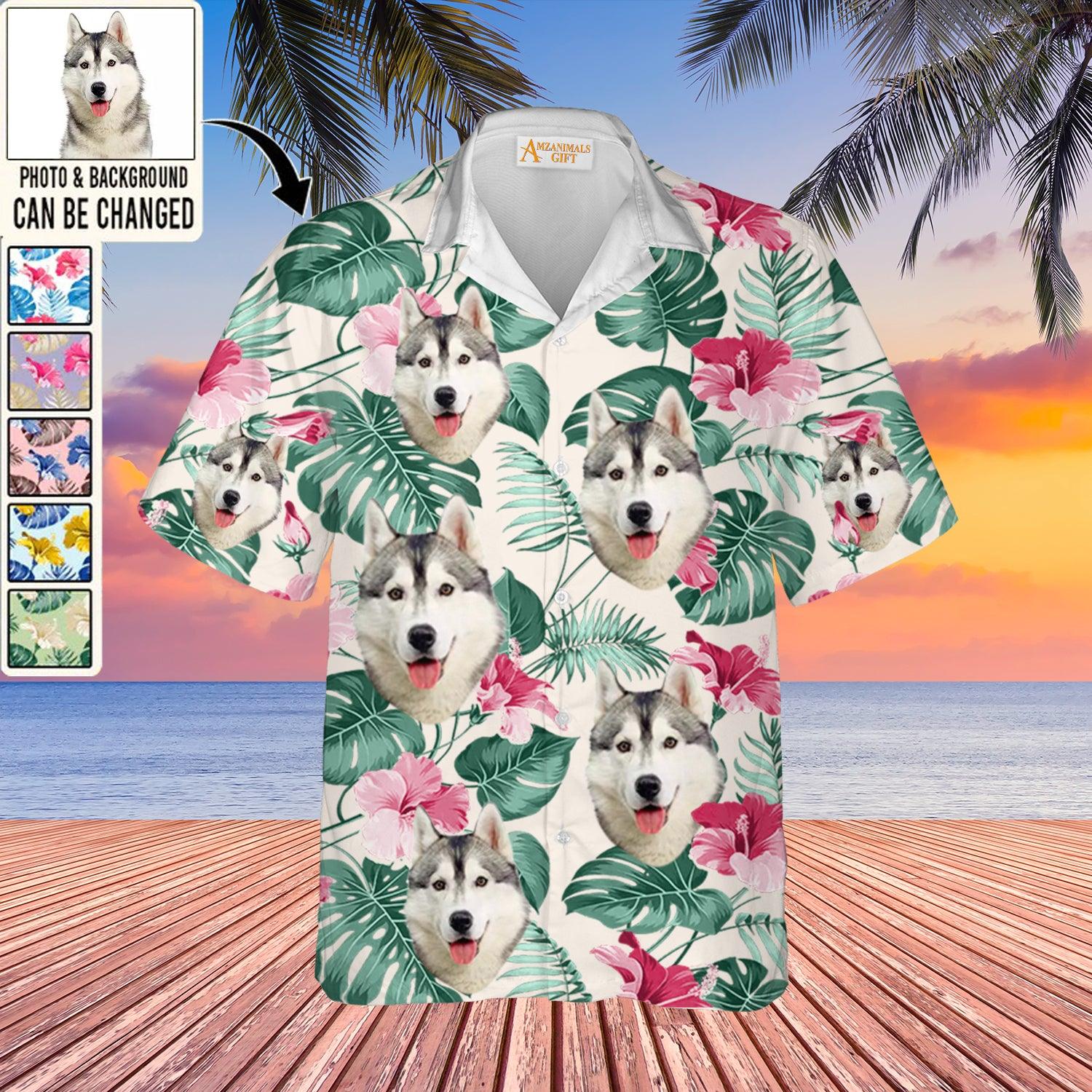 Husky Face Custom Aloha Hawaii Shirt - Dog Custom Photo With Tropical Pattern Personalized Hawaiian Shirt - Perfect Gift For Dog Lovers, Friend, Family - Amzanimalsgift