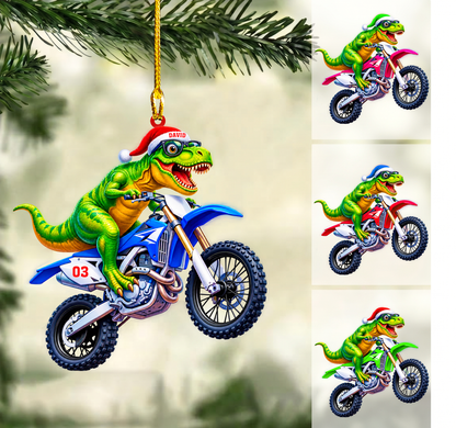 Personalized Motocross Dinosaur Christmas Ornament, Cool T Rex Riding Dirt Bike, Custom Ornament Christmas Gift, Keychain Motocross, Car Ornament Motocross