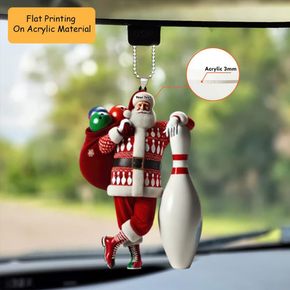 Personalized Bowling Santa Holding Pins Acrylic Ornament, Bowling Keychain, Car Ornament, Christmas Ornament Gifts
