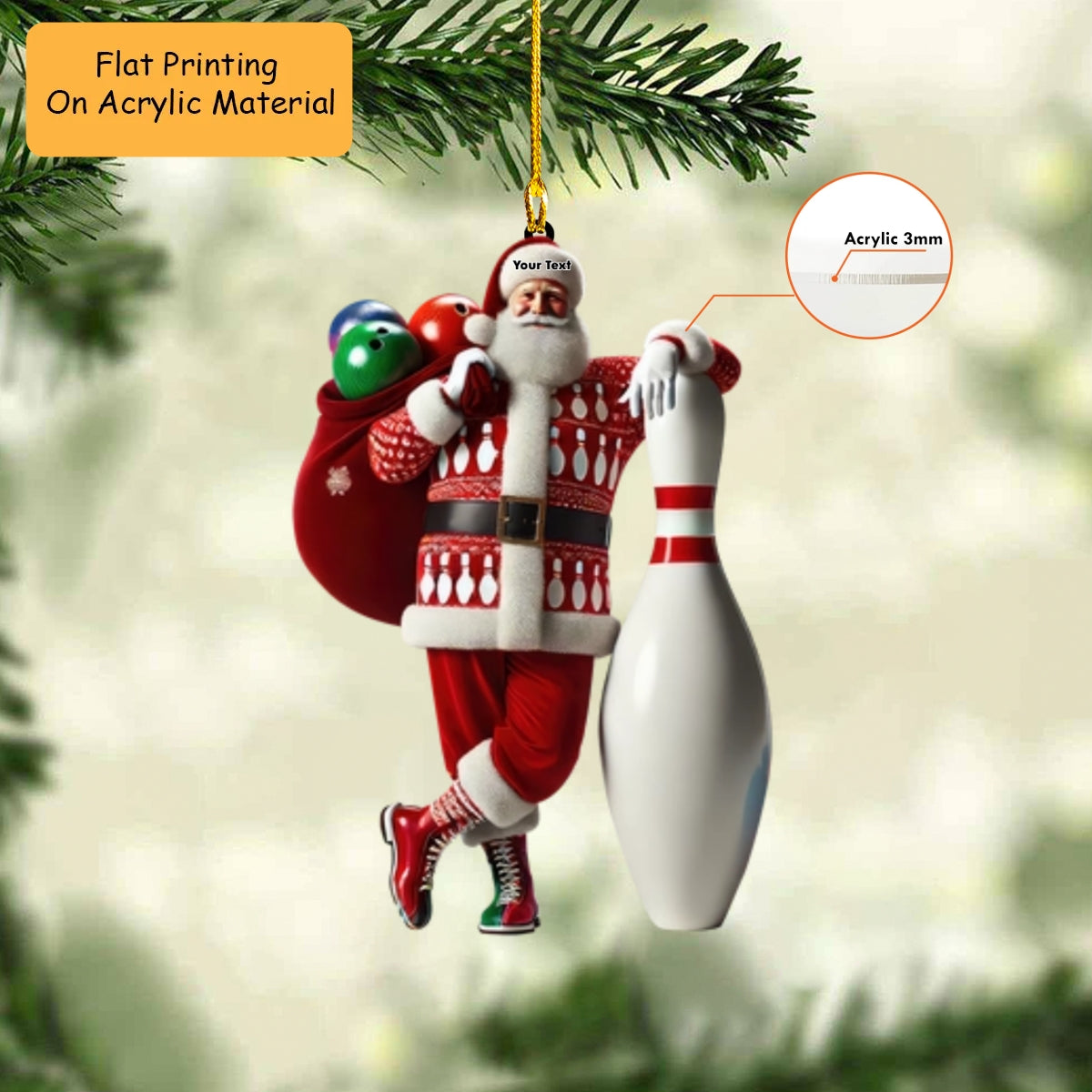 Personalized Bowling Santa Holding Pins Acrylic Ornament, Bowling Keychain, Car Ornament, Christmas Ornament Gifts