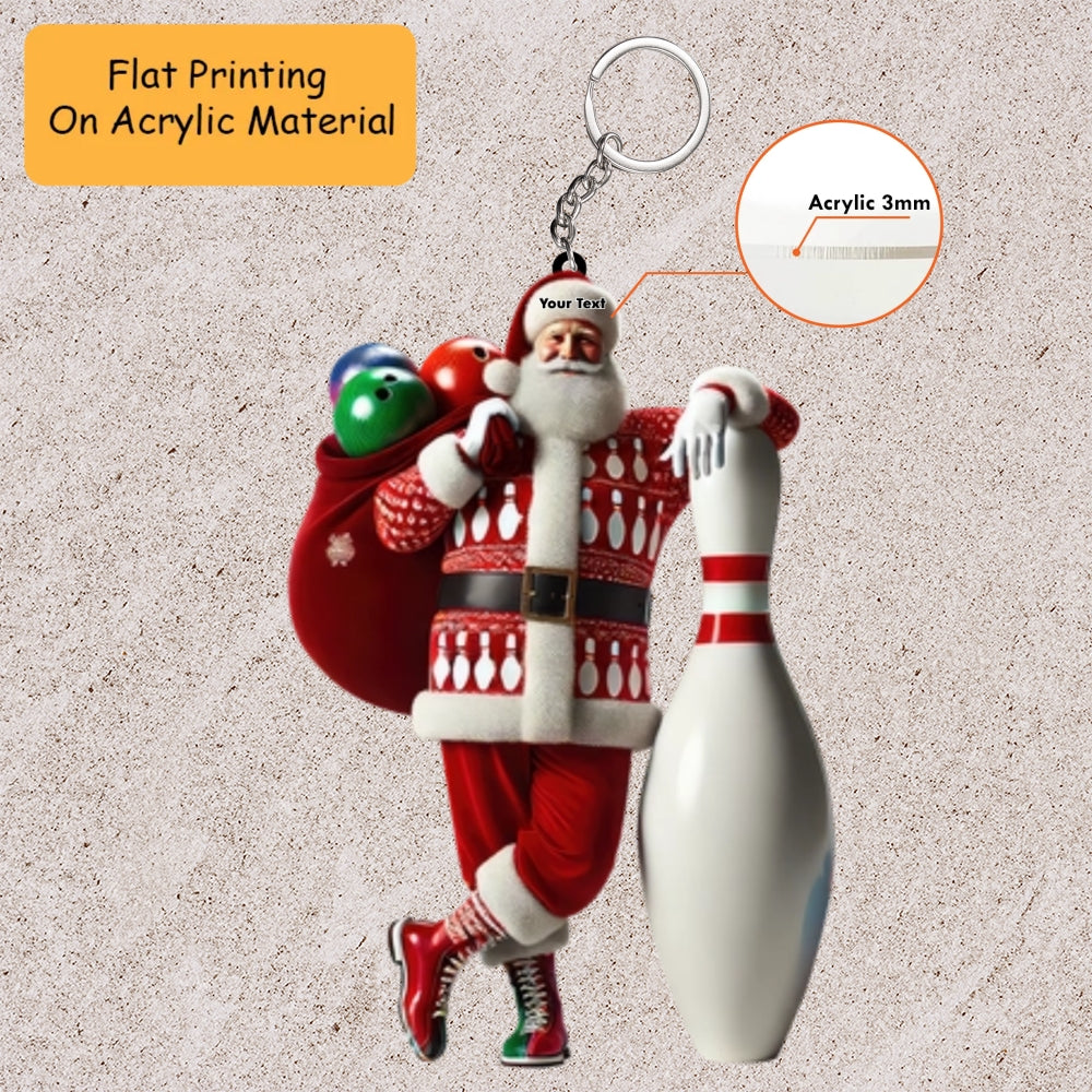 Personalized Bowling Santa Holding Pins Acrylic Ornament, Bowling Keychain, Car Ornament, Christmas Ornament Gifts