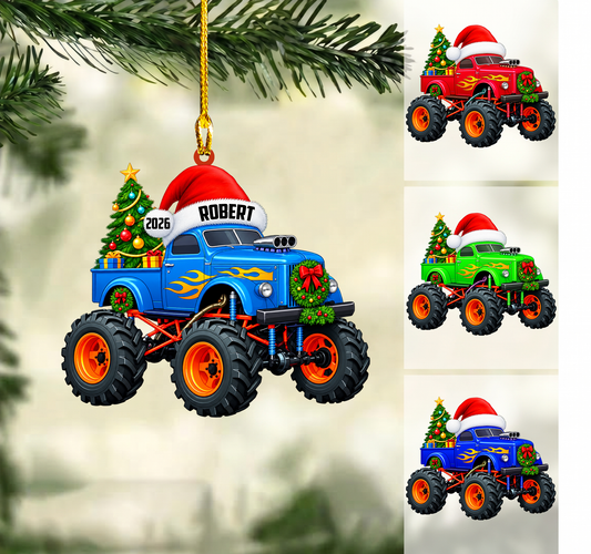Personalized Monster Truck Christmas Ornament, Festive Santa Hat Truck With Tree, Custom Ornament Christmas Gift, Keychain Monster Truck , Car Ornament Monster Truck 