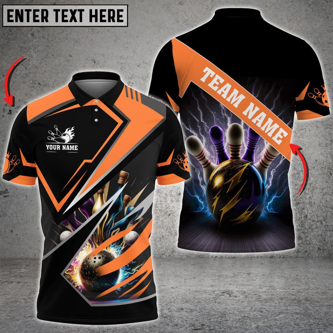 Bowling Strike Thunder Ball And Pin Black Orange Personalized Polo Shirt, Perfect Jerseys For Bowler, Bowling Team