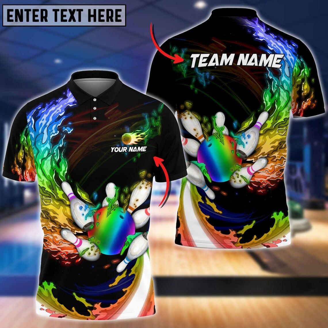 Bowling Custom Men Polo Shirt - Water Fire Rainbow Bowling And Pins Personalized Bowling Polo Shirt