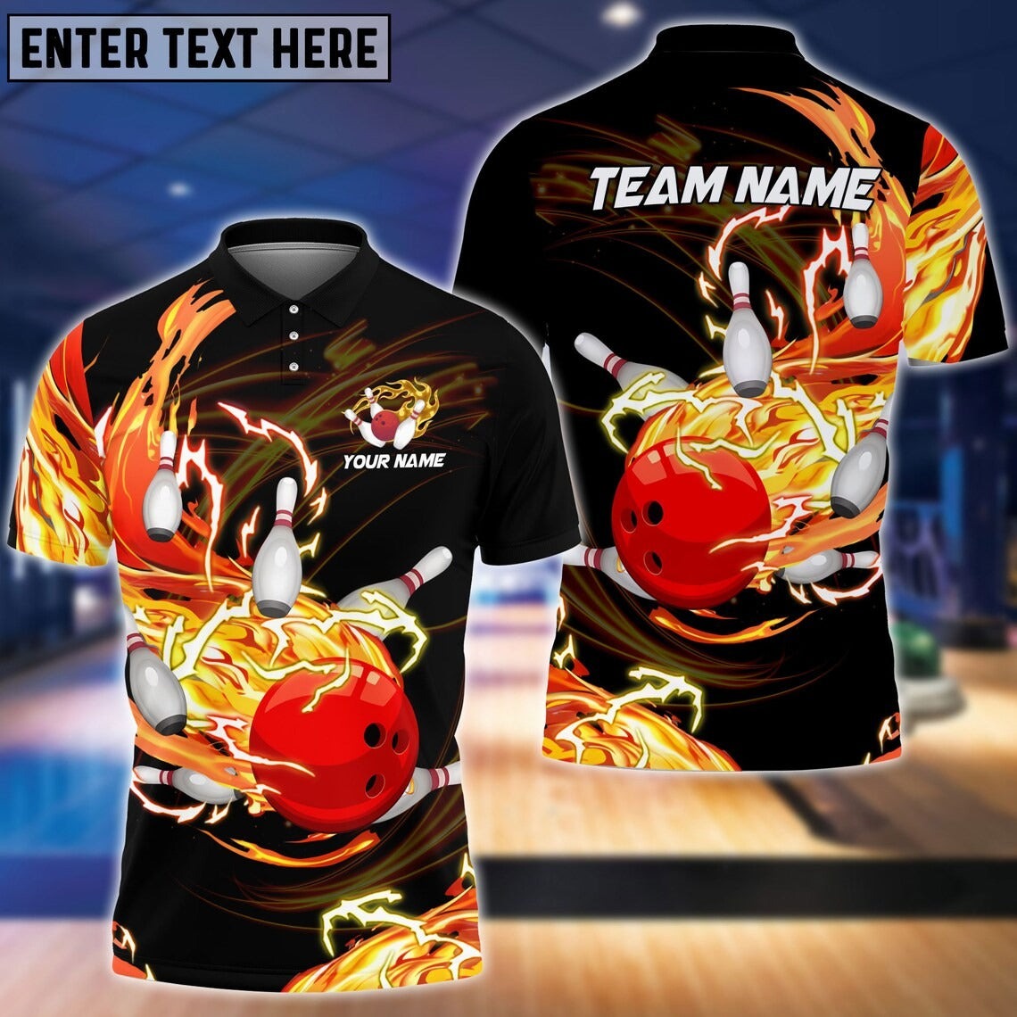 Bowling Custom Men Polo Shirt - Bowling And Pins Red Breath Of Thunder Flame Personalized Bowling Polo Shirt