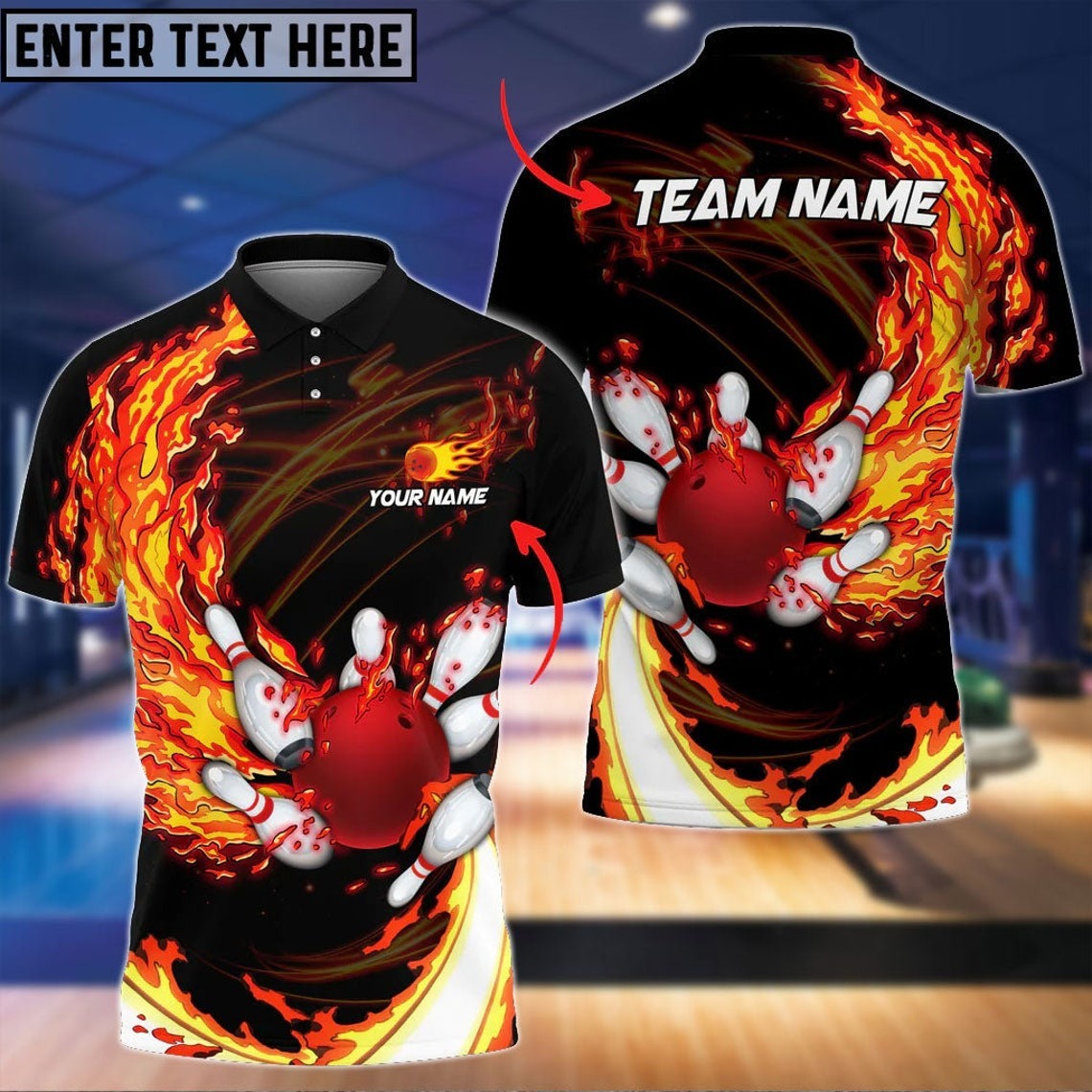 Bowling Custom Men Polo Shirt - Fire Bowling And Pins Red Personalized Bowling Polo Shirt