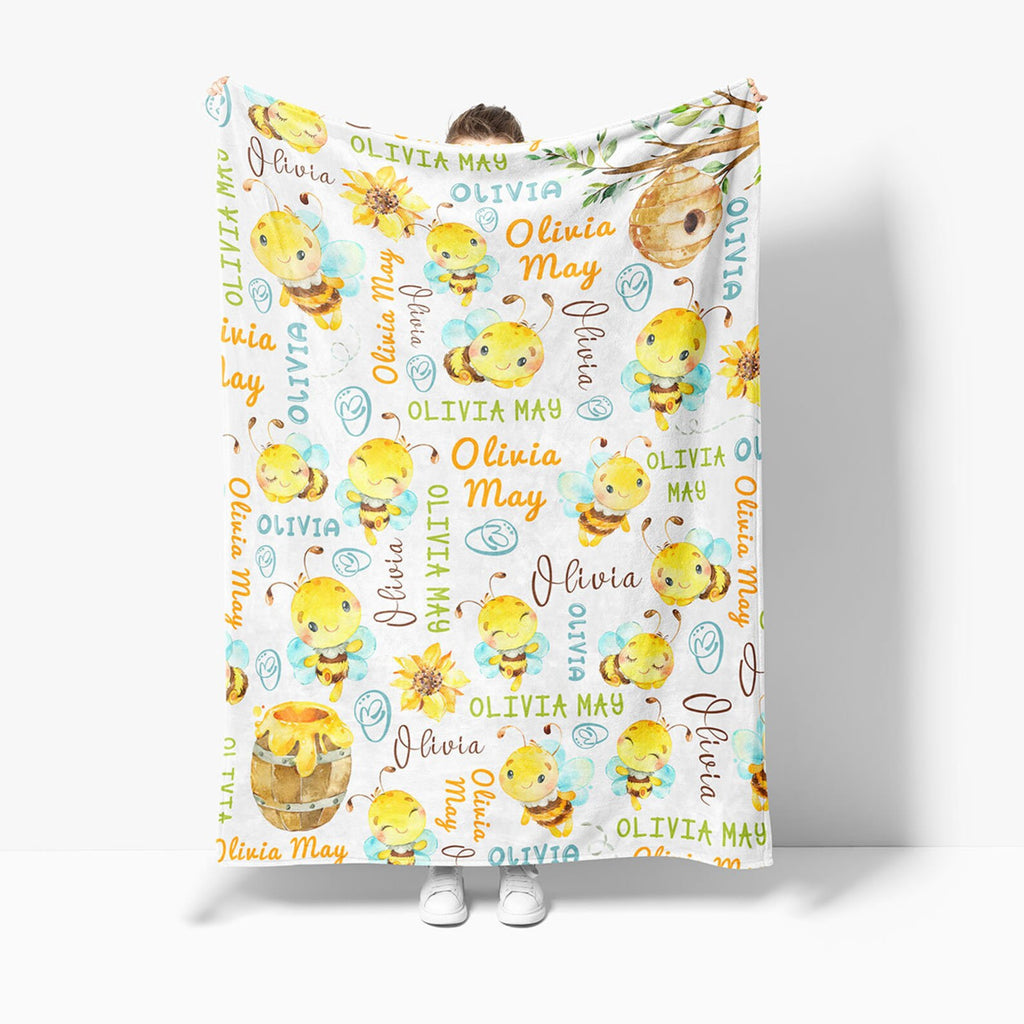 Bumble Bee Pattern Baby Kids Blanket With Custom Name For Baby Nursery, Son, Daughter, Granddaughter, Grandson