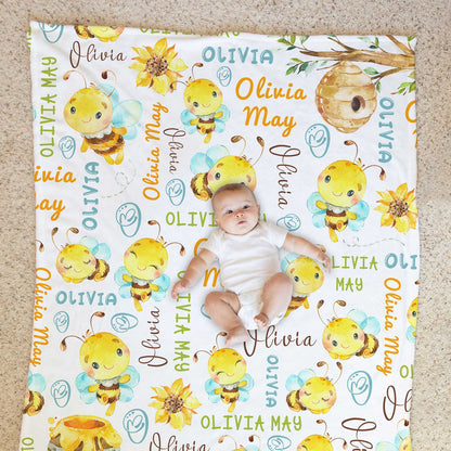 Bumble Bee Pattern Baby Kids Blanket With Custom Name For Baby Nursery, Son, Daughter, Granddaughter, Grandson