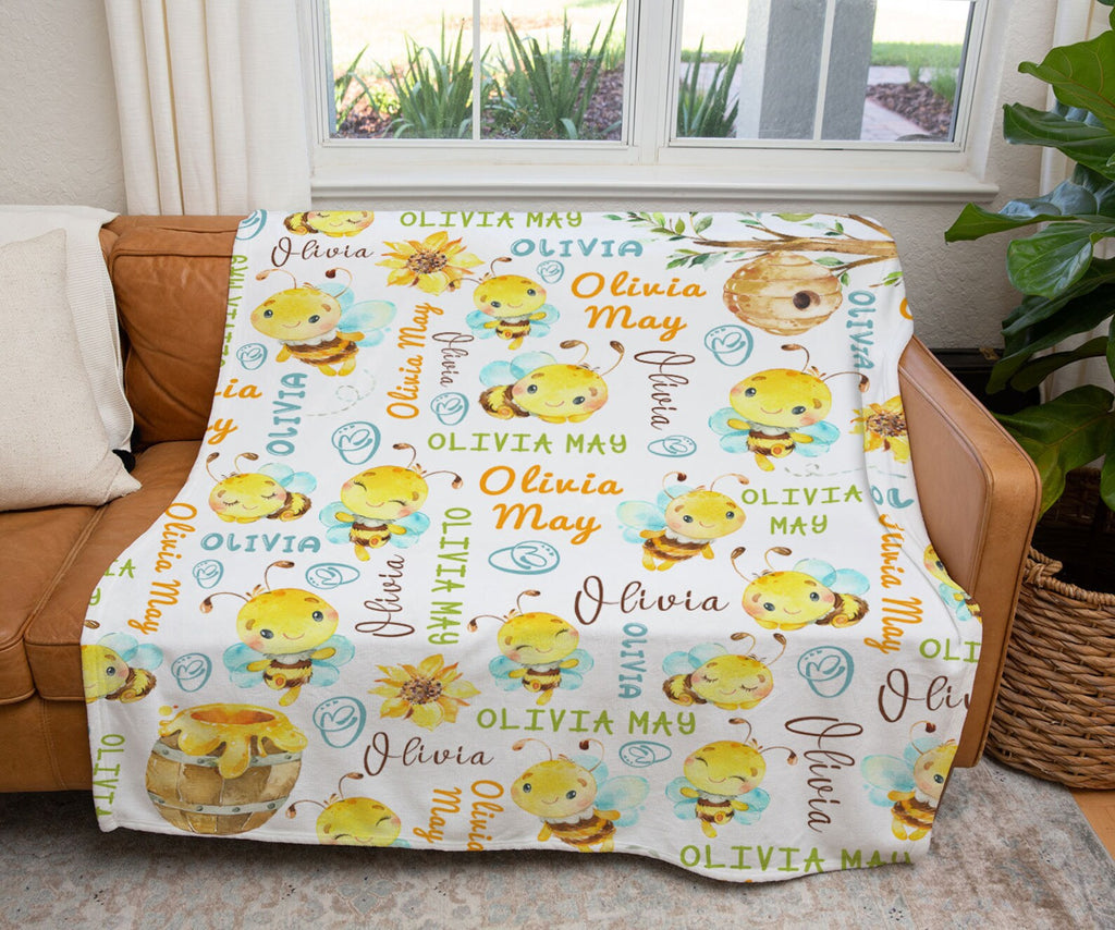 Bumble Bee Pattern Baby Kids Blanket With Custom Name For Baby Nursery, Son, Daughter, Granddaughter, Grandson