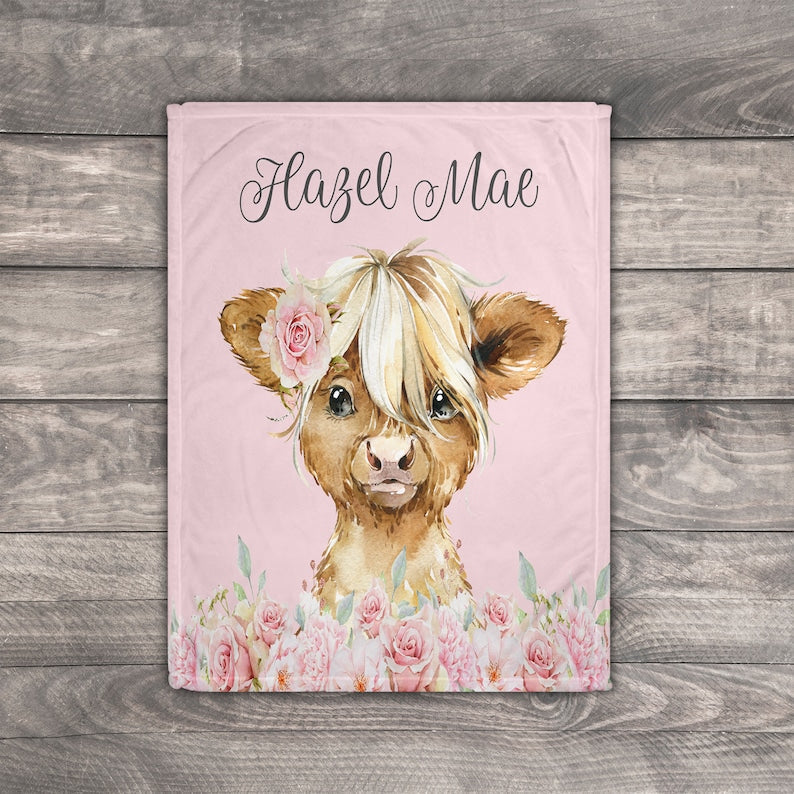 Highland Cow Pink Baby Kids Blanket With Custom Name For Baby Girl Nursery, Daughter, Granddaughter