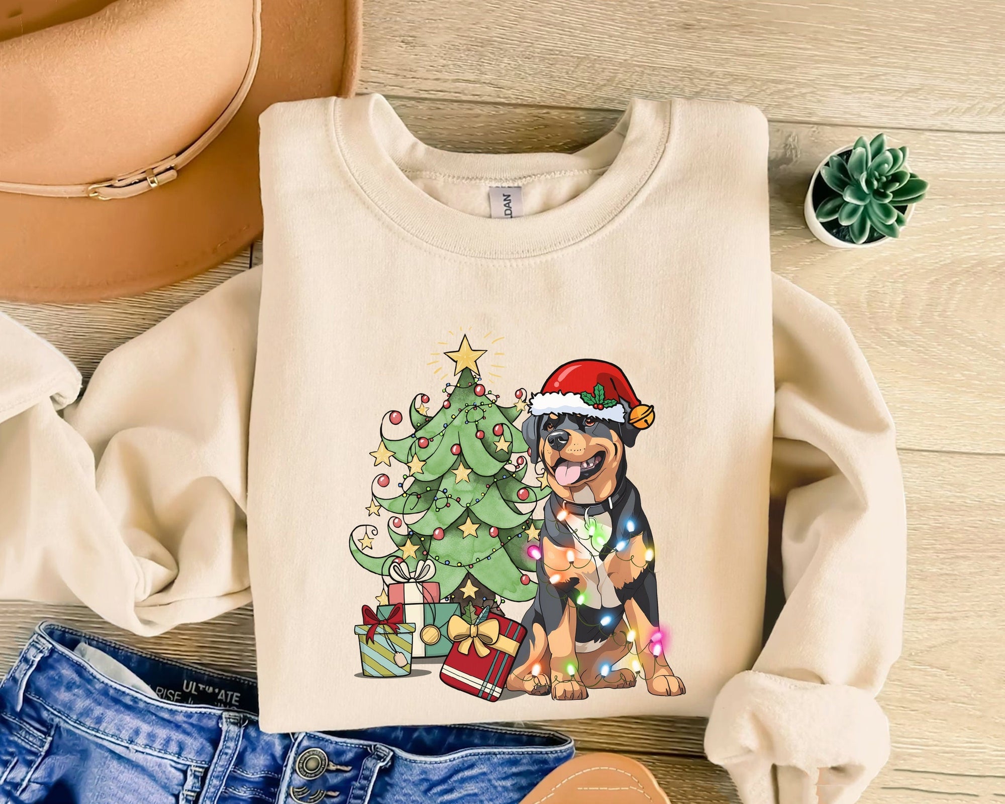 Rottweiler Christmas Sweatshirt, Rottweiler Sweatshirt, Rottweiler Xmas Gift, Rottweiler Christmas Tree, Rottweiler Christmas Tree Light Tee