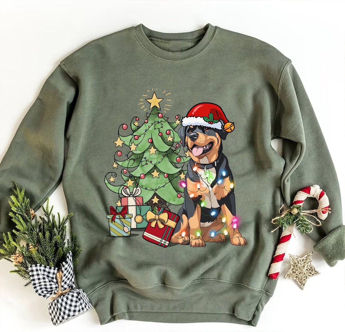 Rottweiler Christmas Sweatshirt, Rottweiler Sweatshirt, Rottweiler Xmas Gift, Rottweiler Christmas Tree, Rottweiler Christmas Tree Light Tee