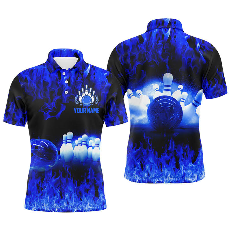 Bowling Custom Men Polo Shirt - Custom Name Blue Flame Personalized Bowling Polo Shirt - Perfect Gift For Friend, Family