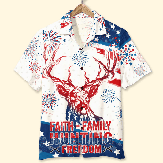 Independence Day Faith Family Hunting Freedom Aloha Hawaiian Shirts For Summer, 4th Of July American Hawaiian Shirt For Men Women, Patriotic Gifts - Amzanimalsgift