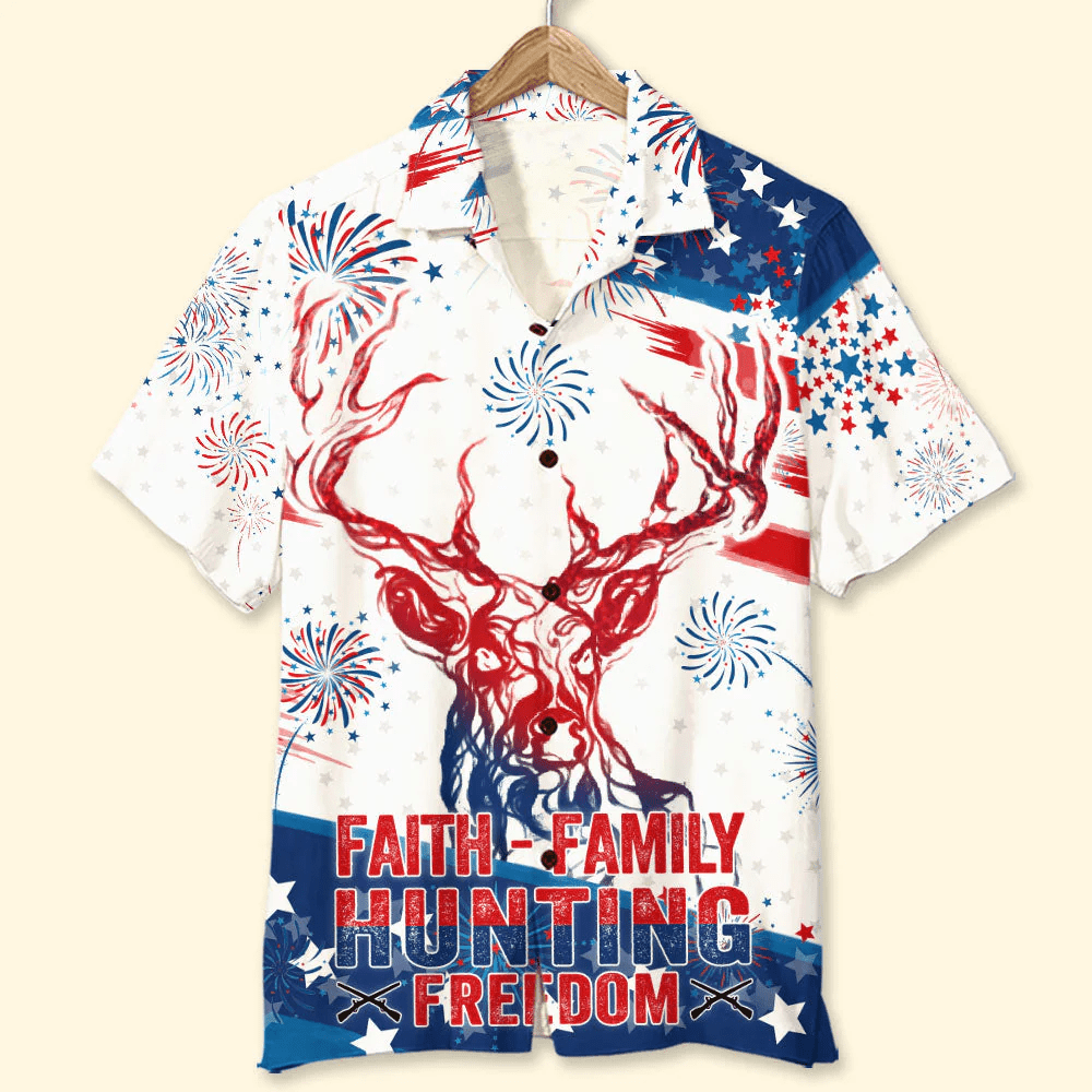 Independence Day Faith Family Hunting Freedom Aloha Hawaiian Shirts For Summer, 4th Of July American Hawaiian Shirt For Men Women, Patriotic Gifts - Amzanimalsgift