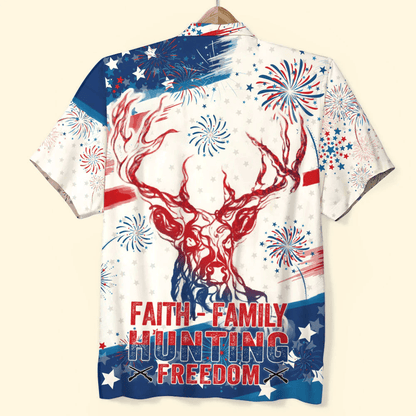 Independence Day Faith Family Hunting Freedom Aloha Hawaiian Shirts For Summer, 4th Of July American Hawaiian Shirt For Men Women, Patriotic Gifts - Amzanimalsgift