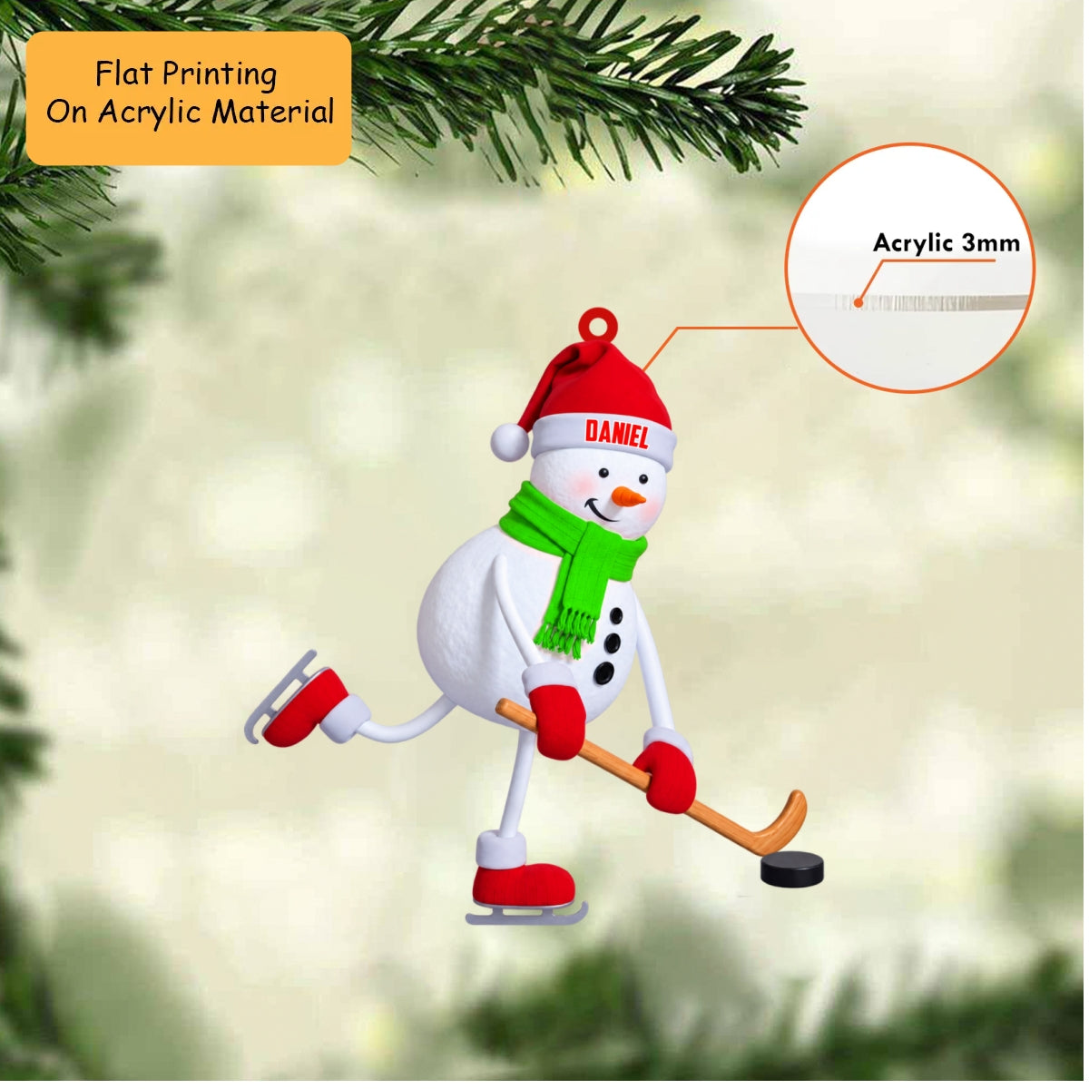 Personalized Hockey Player Christmas Ornament, Skating Snowman Mascot Action, Custom Ornament Christmas Gift, Keychain Hockey, Car Ornament Hockey