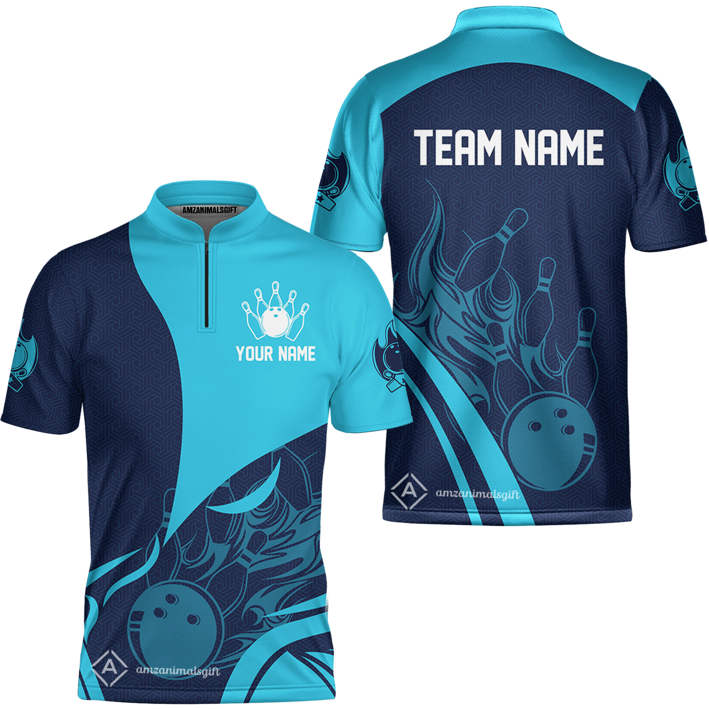 Customized Bowling Stand Collar Quarter-Zip Shirt, Flame Bowling Multicolor Custom Team Uniform Jersey for Bowlers