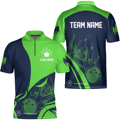 Customized Bowling Stand Collar Quarter-Zip Shirt, Flame Bowling Multicolor Custom Team Uniform Jersey for Bowlers
