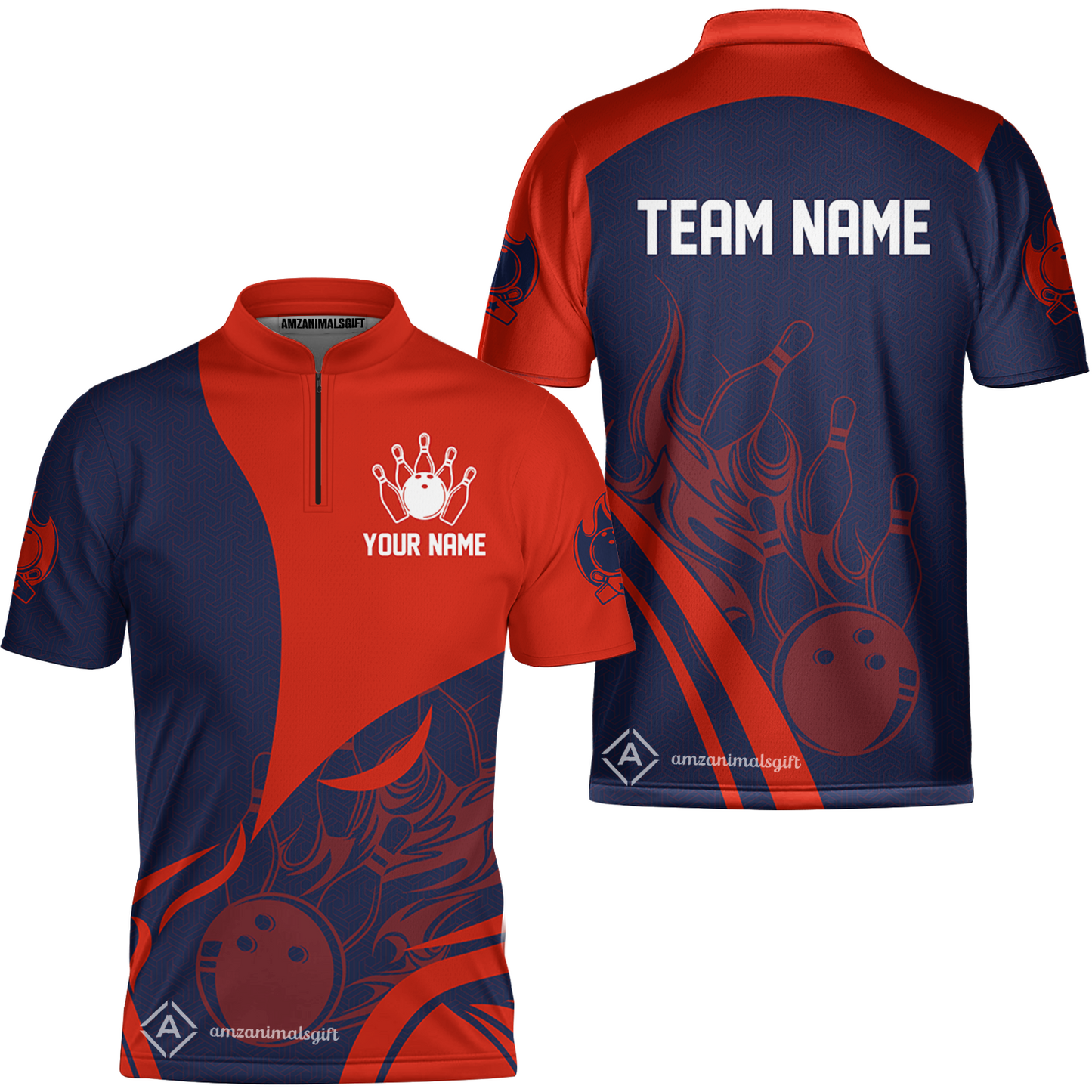 Customized Bowling Stand Collar Quarter-Zip Shirt, Flame Bowling Multicolor Custom Team Uniform Jersey for Bowlers