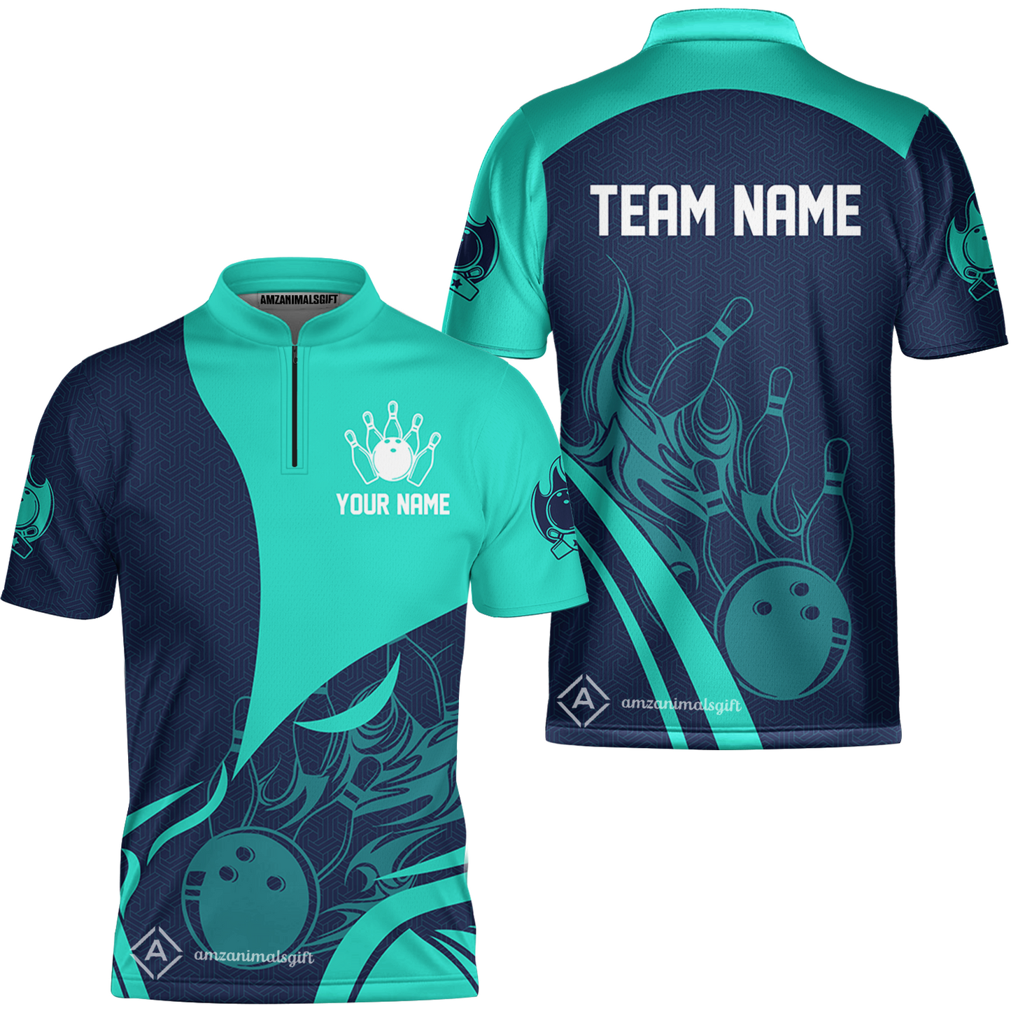 Customized Bowling Stand Collar Quarter-Zip Shirt, Flame Bowling Multicolor Custom Team Uniform Jersey for Bowlers